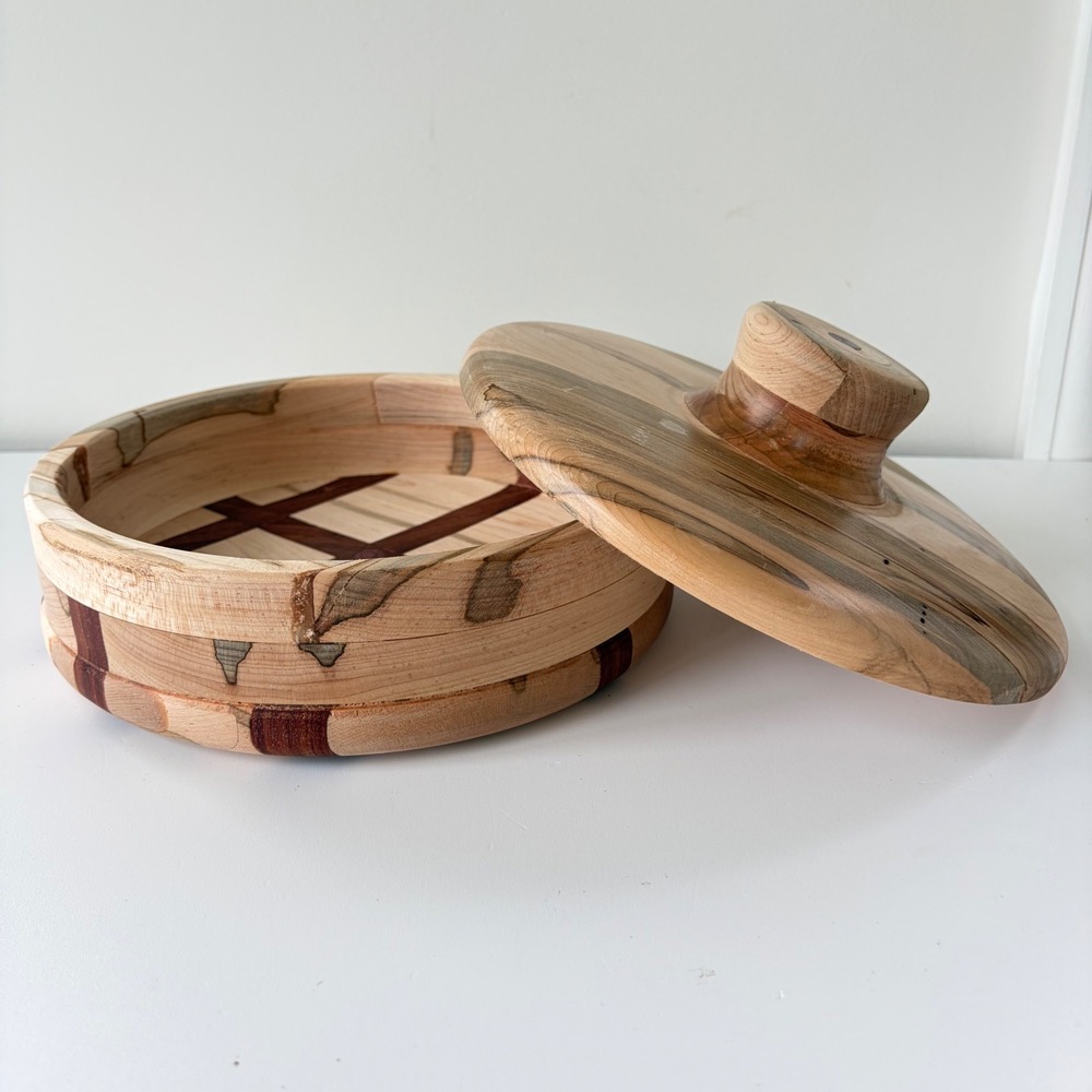 Handmade Segmented Wood Lidded Bowl Lattice Inlay Spalted Maple Trinket Box 9.5"